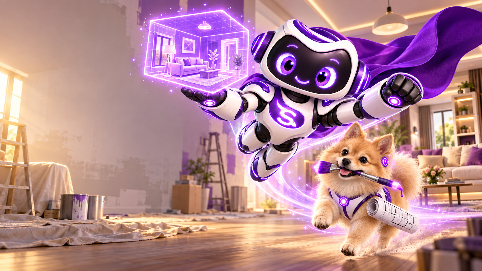 Siggy and Tobes flying through a home makeover with a glowing room plan